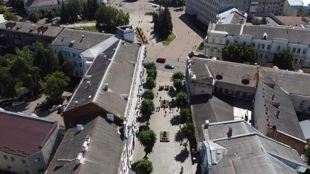 View of the city of Zhytomyr from above. Summer, City Center, roofs. Administrative buildings and residential buildings. Drone Video, Ukraine. Eastern Europe
