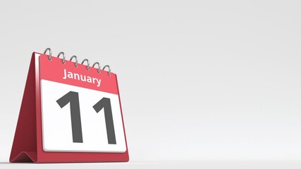 January 11 date on the flip desk calendar page, blank space for user text, 3d animation