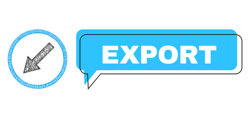 Conversation Export blue bubble frame and wire frame down-left rounded arrow. Frame and colored area are shifted to Export text, which is located inside blue bubble.