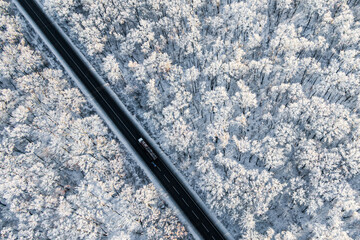 truck transporting logs on asphalt road through the winter forest. seen from the air. Aerial view landscape. drone photography. cargo delivery