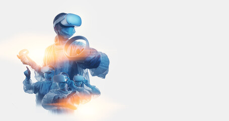 a team of doctors in a virtual reality helmet and with manipulators in their hands. concept of doctors working remotely using vr technology