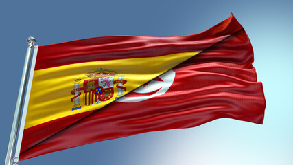 Fototapeta na wymiar Double Flag Spain vs Tunisia flag waving flag with texture background