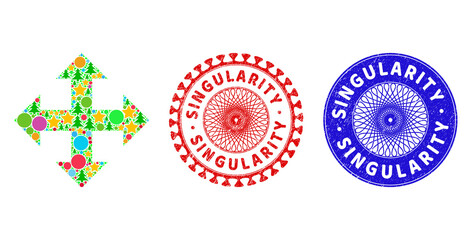 Expand mosaic of New Year symbols, such as stars, fir-trees, colored balls, and SINGULARITY rubber watermarks. Vector SINGULARITY stamp seals uses guilloche ornament,