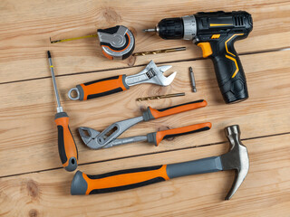 tools for work and repair, screwdriver, hammer, screwdriver, keys and fasteners, template, copy...