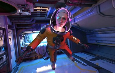 Female astronaut in space ship room with space suit. © hutangach