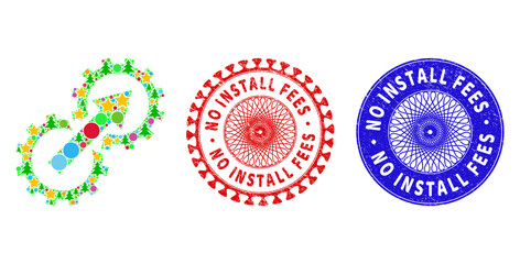 Gear integration mosaic of Christmas symbols, such as stars, fir-trees, color round items, and NO INSTALL FEES rough stamp prints. Vector NO INSTALL FEES watermarks uses guilloche pattern,