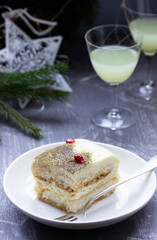 An Italian dessert tiramisu made with matcha tea and limoncello.