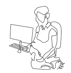 One continuous line drawing of female working at home office and stroking dog.
One line drawing of freelancer woman working with dog.
