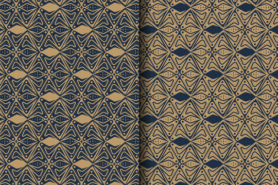 Set of abstract geometric seamless pattern template design. brown and dark blue colors combination in element and background. outline texture style combined with little circle inside and outside. 