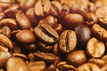 Roasted coffee beans bright background