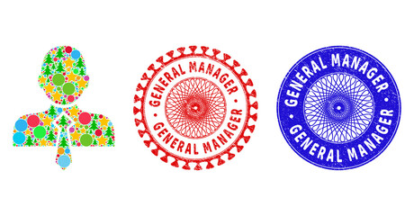 Office man collage of New Year symbols, such as stars, fir trees, color balls, and GENERAL MANAGER textured stamp prints. Vector GENERAL MANAGER stamp seals uses guilloche ornament,