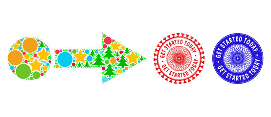 Pull right composition of Christmas symbols, such as stars, fir-trees, colored spheres, and GET STARTED TODAY rubber stamp seals. Vector GET STARTED TODAY stamp seals uses guilloche ornament,