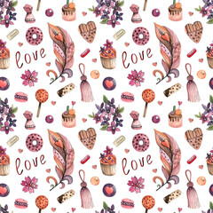 Watercolor pattern for Valentine's Day. Hearts, feathers, sweets, cupcakes, flowers, balls. Design for gift wrapping, holidays, prints, wrapping paper, scrapbooking.