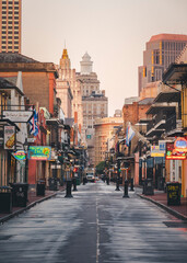 The famous Bourbon street in New Orleans without people in the morning