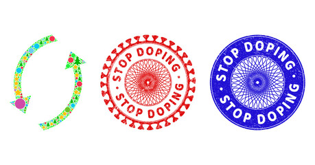Refresh composition of New Year symbols, such as stars, fir trees, bright round items, and STOP DOPING grunge stamp prints. Vector STOP DOPING watermarks uses guilloche ornament,