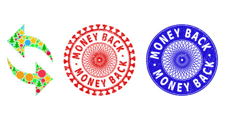 Refresh composition of New Year symbols, such as stars, fir-trees, color spheres, and MONEY BACK rough stamp seals. Vector MONEY BACK stamp seals uses guilloche pattern,