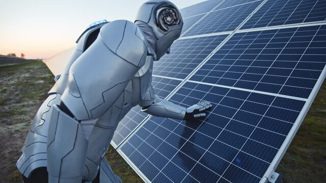 Smart robotic worker prototype droid controlling operation of sun while checking solar batteries and working at solar farm landscape. Android touching solar panels. Human interaction with robots