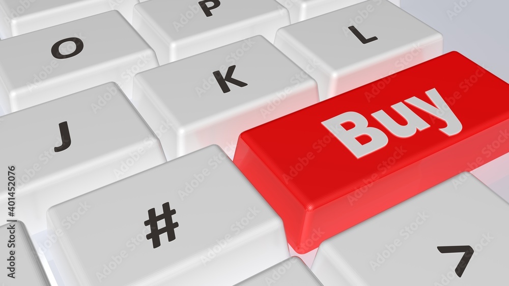 Poster buy red button of a computer keyboard .- 3d rendering illustration