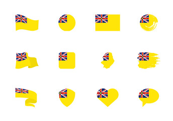 Niue flag - flat collection. Flags of different shaped twelve flat icons. Vector illustration set