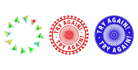 Rotate ccw mosaic of Christmas symbols, such as stars, fir-trees, color circles, and TRY AGAIN! rubber stamp seals. Vector TRY AGAIN! stamp seals uses guilloche ornament,