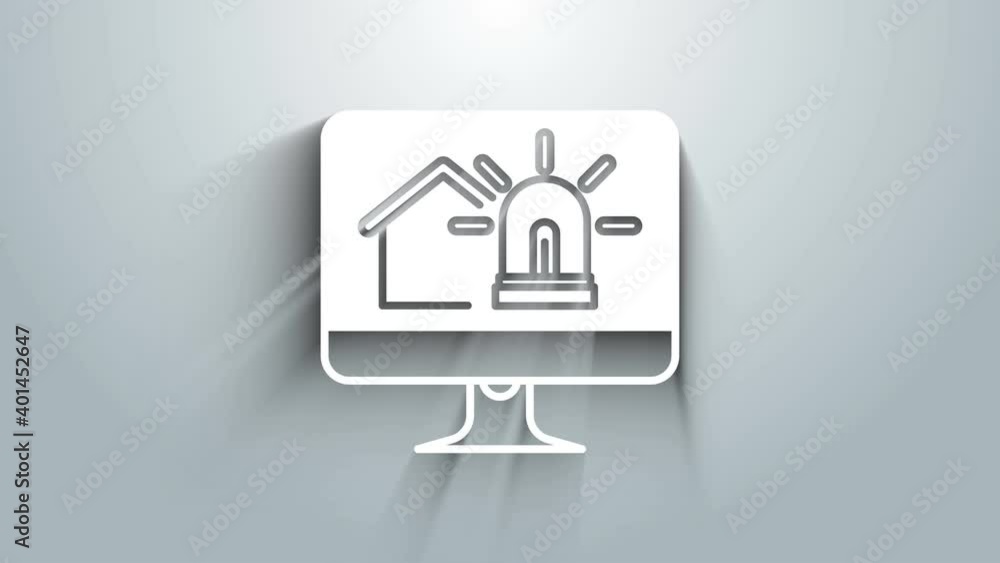 Poster white computer monitor with smart house and alarm icon isolated on grey background. security system 