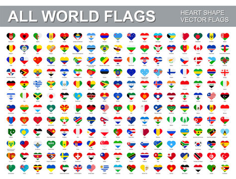 All world flags - vector set of flat heart shape icons.