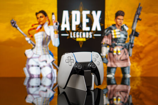 December 20, 2020, Odessa, Ukraine. White new Playstation 5 gamepad on the background of the game apex