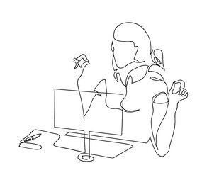 Obraz na płótnie Canvas One continuous line drawing of female practicing meditation at the office desk. One line drawing of online yoga classes.