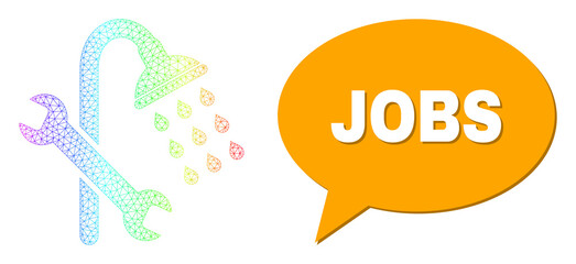 Jobs and shower plumbing composition. Spectral colored mesh shower plumbing, and conversation Jobs bubble message. Chat colored Jobs bubble has shadow.