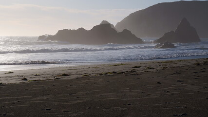 sea, sunset, beach, ocean, water, coast, landscape, sky, nature, waves, sand, sun, sunrise, wave, rocks, shore, cloud, dusk, blue, calm, beautiful, clouds, bay, rock, horizon