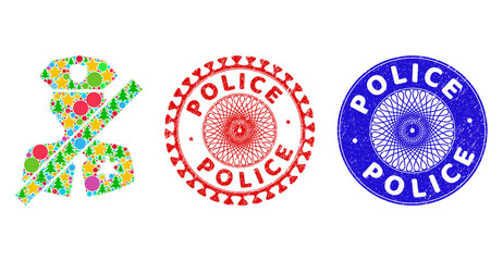 Stop police patrol composition of Christmas symbols, such as stars, fir-trees, multicolored round items, and POLICE textured stamp seals. Vector POLICE seals uses guilloche pattern,