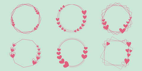 Set of Heart symbol round frames illustration. Heart frames for Valentine's day. Heart symbol decorated illustration for cards, invitations, banners and design. ハートフレームデザイン、ハートリースイラスト、バレンタイン、母の日
