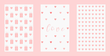 Pink pattern set Valentine's Day, art, cute cards, lovely hearts and gifts, concept of love, decoration, romantic, isolated, nice design, beautiful ornaments, vector illustration