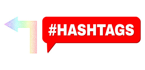 #Hashtags and turn left composition. Spectral colored mesh turn left, and speech #Hashtags cloud frame. Conversation colored #Hashtags cloud has shadow.