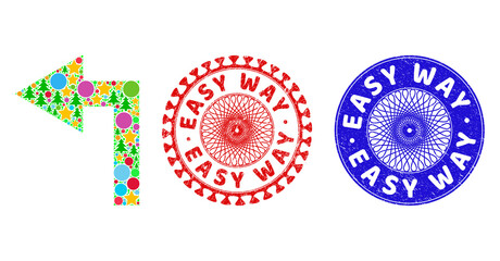 Turn left mosaic of New Year symbols, such as stars, fir trees, colored round items, and EASY WAY unclean stamp imitations. Vector EASY WAY stamps uses guilloche pattern,