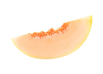 sliced japanese melons, orange melon or cantaloupe melon with seeds isolated on white background