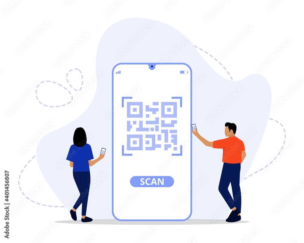 Wall mural vector illustration, qr code scanning concept, showing people scan code using smartphone, suitable f