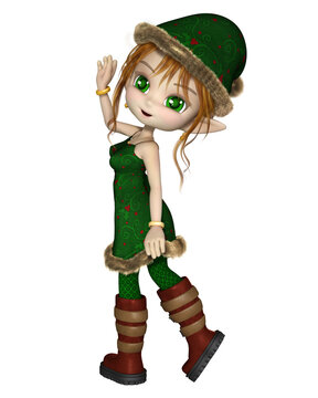 Toon Christmas Elf Girl in a Green Dress and Hat, Waving in Side View, 3d digitally rendered fantasy illustration