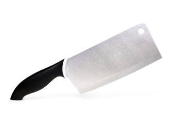 Kitchen cleaver with black handle isolated on a white background, Kitchen hatchet isolated. Axe