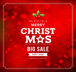 Fototapeta na wymiar Merry Christmas Big sale concept design with snowflake on bokeh red background, Eps 10 vector illustration 