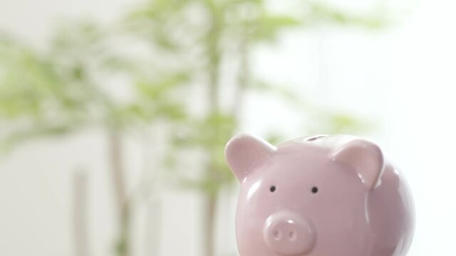 豚の貯金箱に硬貨を入れる男性　パン