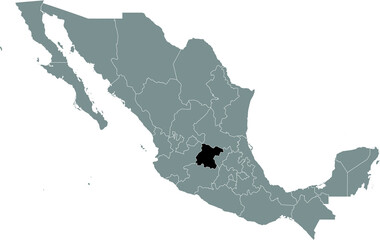 Black location map of Mexican Guanajuato state inside gray map of Mexico