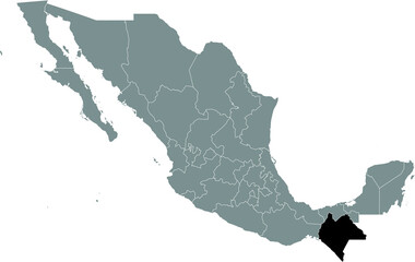 Black location map of Mexican Chiapas state inside gray map of Mexico