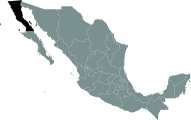 Black location map of Mexican Baja California state inside gray map of Mexico