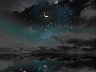 Obraz na płótnie Canvas Landscape of beautiful night sky reflecting in the sea