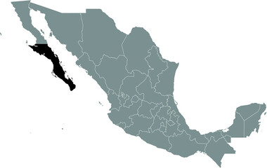 Black location map of Mexican Baja California Sur state inside gray map of Mexico
