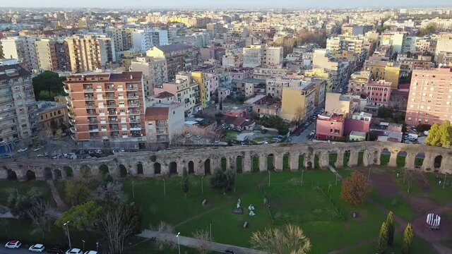 Aerial View Of Protected Green Space With Ancient Ruins, Parco Degli Acquedotti In Rome Italy At Daytime - aerial drone shot