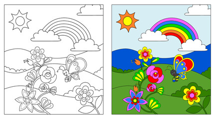 flowers and butterflies coloring book or page, education for kids, vector illustration.