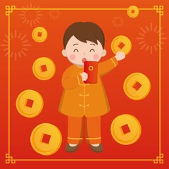 Cute happy children celebrating Chinese New Year, gold coins and money with red envelopes, comic illustration vector