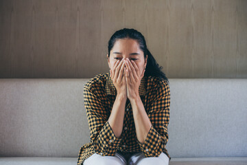 sad serious illness woman.depressed emotion panic attacks alone sick people fear stressful...